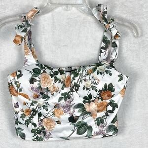 Kittenish Womens S Tomato Girl White Floral Baddie Resort Padded Crop Top Blouse